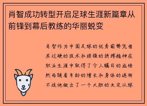 肖智成功转型开启足球生涯新篇章从前锋到幕后教练的华丽蜕变 肖智成功转型开启足球生涯新篇章从前锋到幕后教练的华丽蜕变