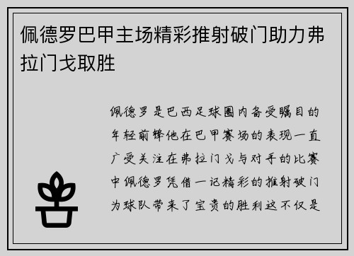 佩德罗巴甲主场精彩推射破门助力弗拉门戈取胜 佩德罗巴甲主场精彩推射破门助力弗拉门戈取胜